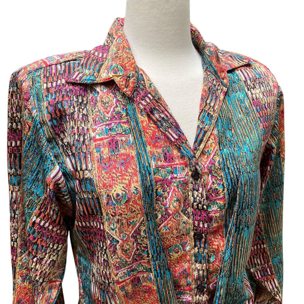 VTG Artsy Patchwork Multi-Print Blouse Sz Md Colorful Tie Front Button Down Top - Picture 2 of 13